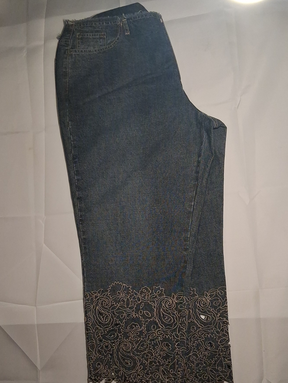 Vintage, Waistless Embroidered Lace-Hem Wide Leg Jeans - Blue Sz 20